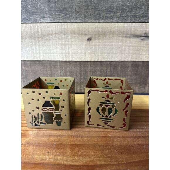 Set of 2 PartyLite SOUTHWEST Holiday Square TealIght Candle Holder Stained Glass - Picture 2 of 6